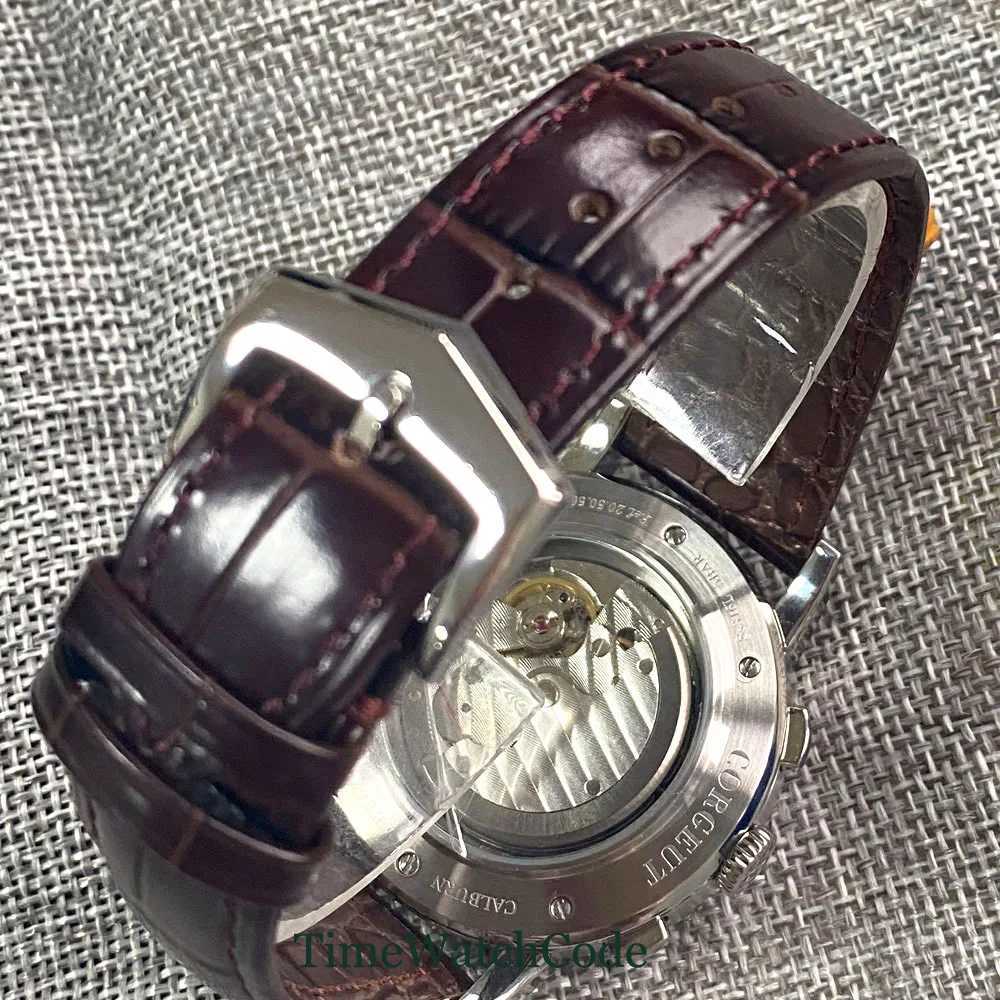 42mm Corgeut Automatic Mens Watch Date Day Month Year Salmon Dial Multi-Function 316L Leather Strap Polished Case Day Night X250726