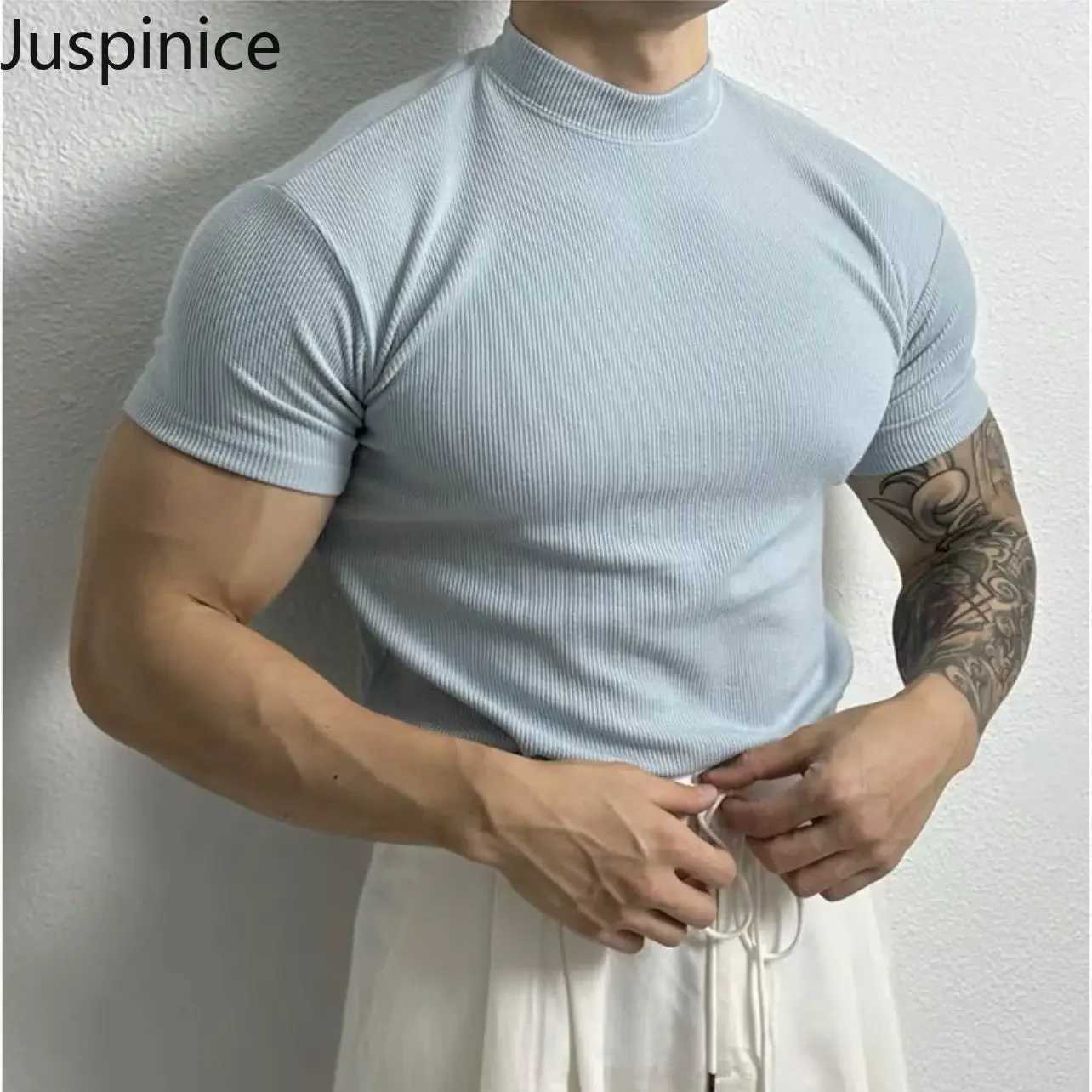 Summer Half Turtleneck Large Size Short-sleeved T-shirt Mens Elastic Casual Simple High Street Personality Tops Male Clothes Z250725