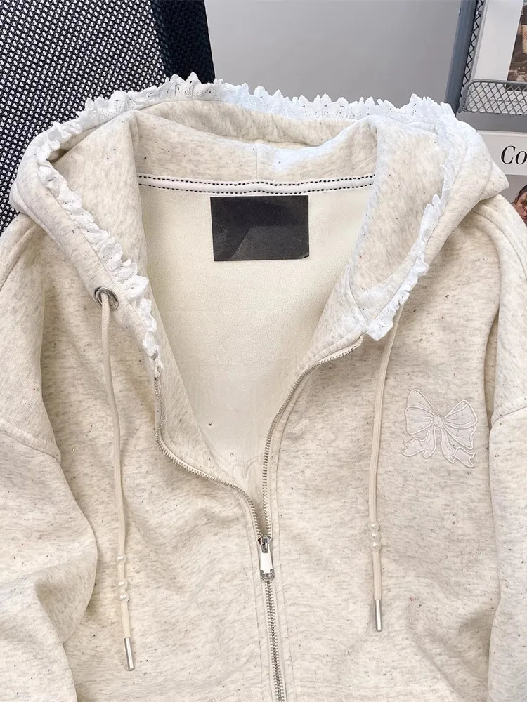 Grey Heavy Duty Nail Bead Embroidered Bow Hoodie Coat For Women Sweet Lazy Zipper Style Lace Splicing n Hoodie Top 250725