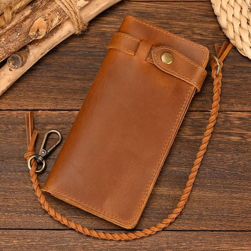Fashionable Long Wallet With Braided Strap Genuine Leather 2 Folds Cell Purse Coin Inner Zip Clutch Phone Pouch
