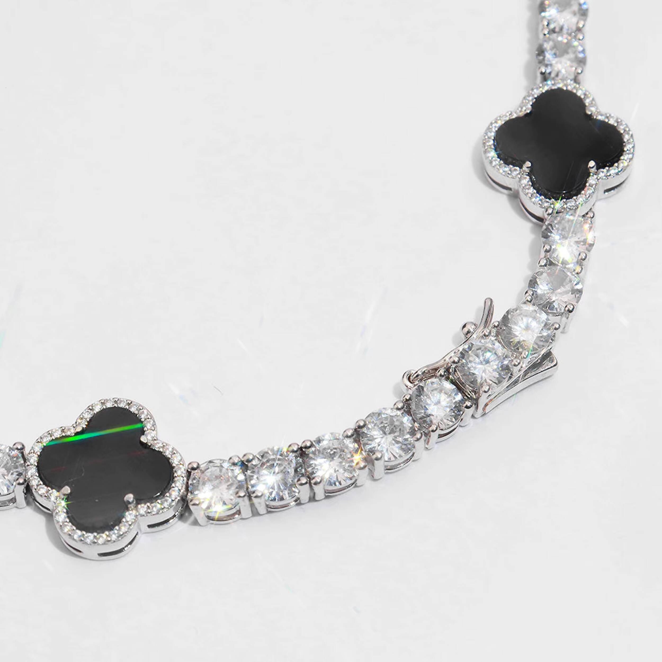 VVS Moissanite Tennis Chain with Black Agate Clover Leafs Iced Out Moissanite Necklace Officiant Gift Anniversary Gift