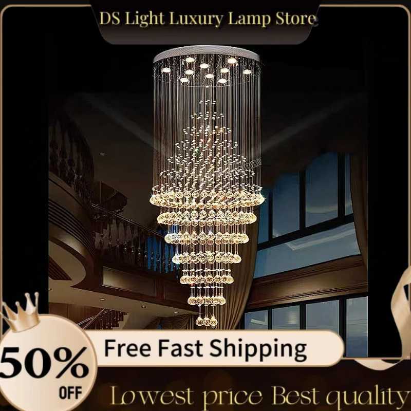 Modern GU10 LED Crystal Chandelier Lamp Stair Light Droplight Villa Double Entry Long Circular Crystal Lighting For LobbyXJ250725