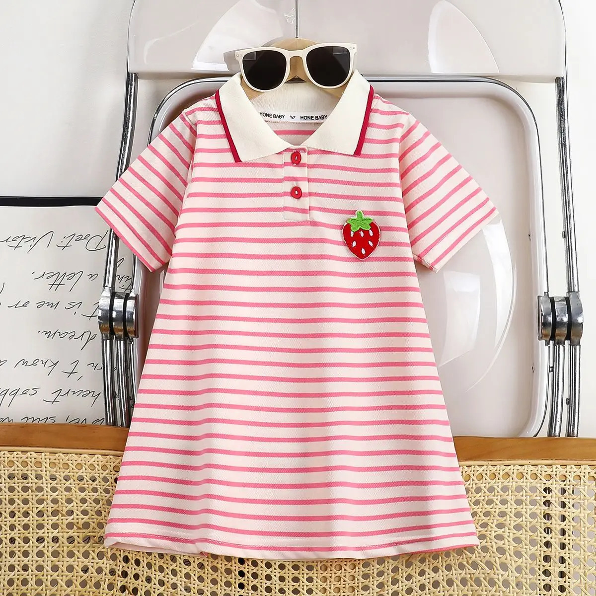 Childrens Dress Girls Summer Korean Edition Striped Strawberry Lapel Casual 110 Years Old 250725