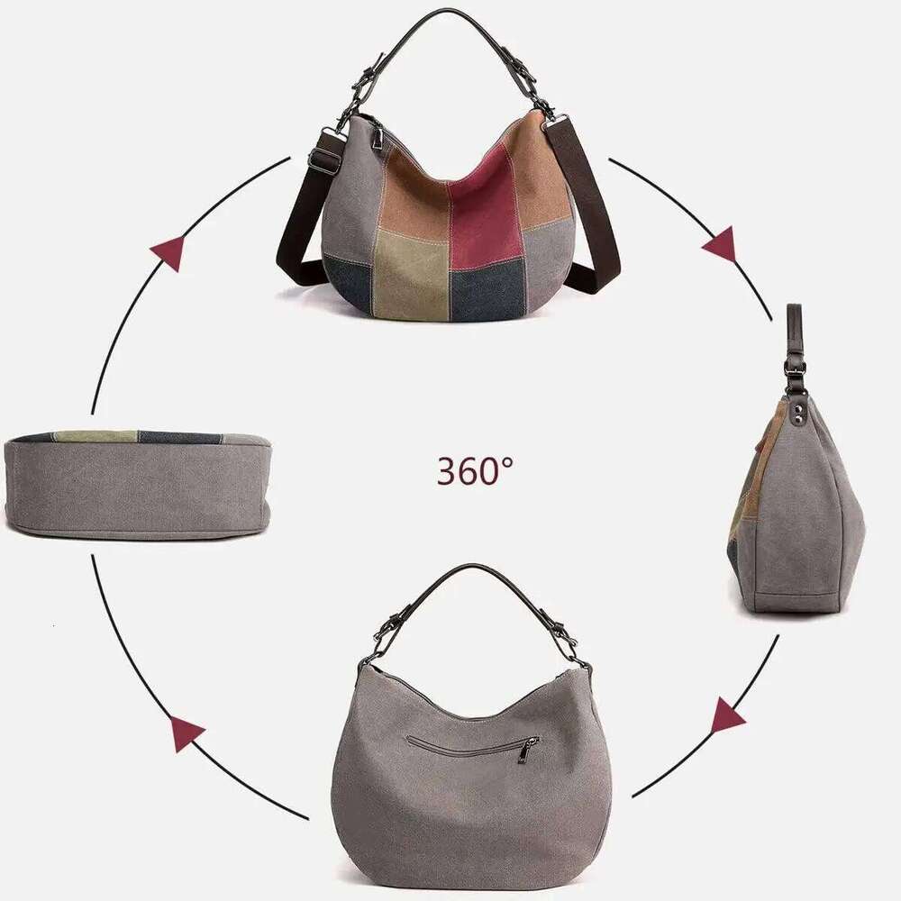 Vintage Patchwork Canvas Tote Fashionable Single Shoulder Crossbody for Women Large Capacity Color-Block Underarm Bag