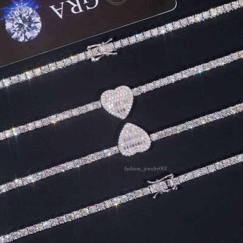 Dia Passed Tester VVS Moissaniten 3mm 16-24inch Sterling Sier Baguette Hearts Moissanite Tennis Chain Necklace For Men Women Nice Gift