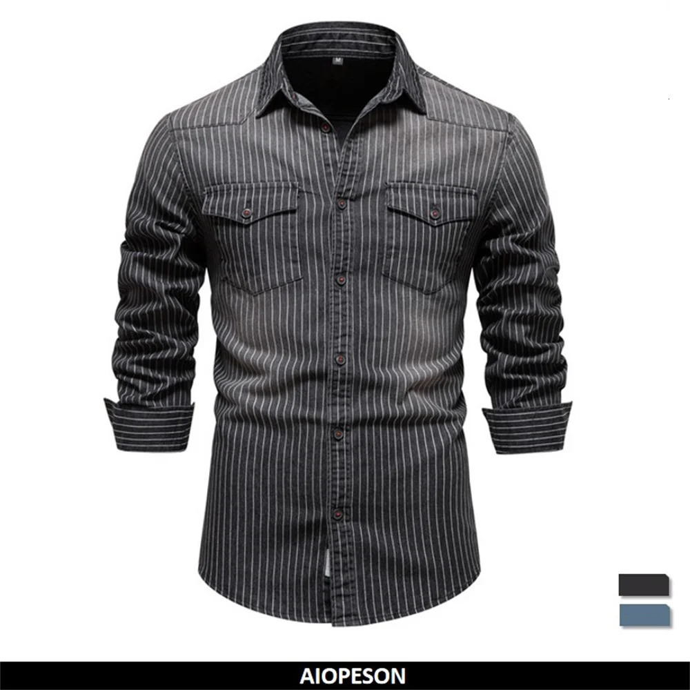 AIOPESON Cotton Men Denim Shirts Striped Stretch Long Sleeve High Quality Jeans for Casual Slim Cowboy Man 250725