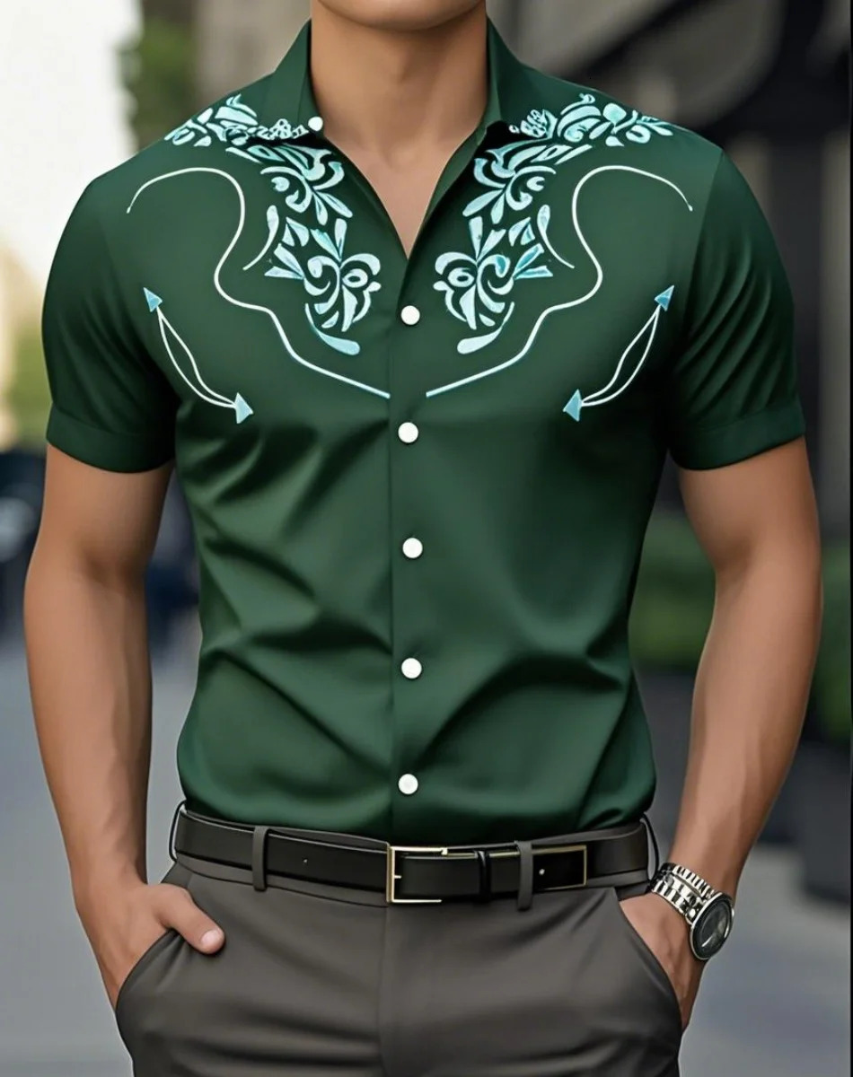 Mens 3D Retro Print Denim Shirt ShortSleeved Outdoor Street Fashion Classic Western 250725