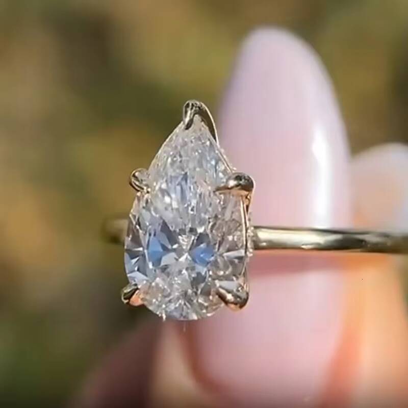Zuanfa Real Yellow Gold Classical Bride Wedding Engagement Jewlery Lab Created Diamond Pear Cut Pear Cut Diamond Ring