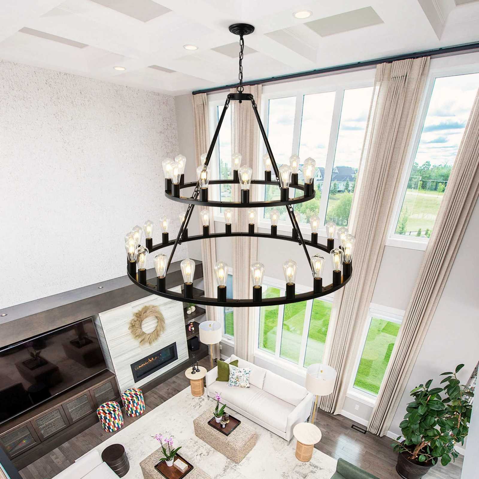 48 Inch Black Extra Large Wagon Wheel Chandelier 2 Tier 36-Lights (Not Included) Farmhouse Industrial Round High Ceiling Pendant Light XJ250725