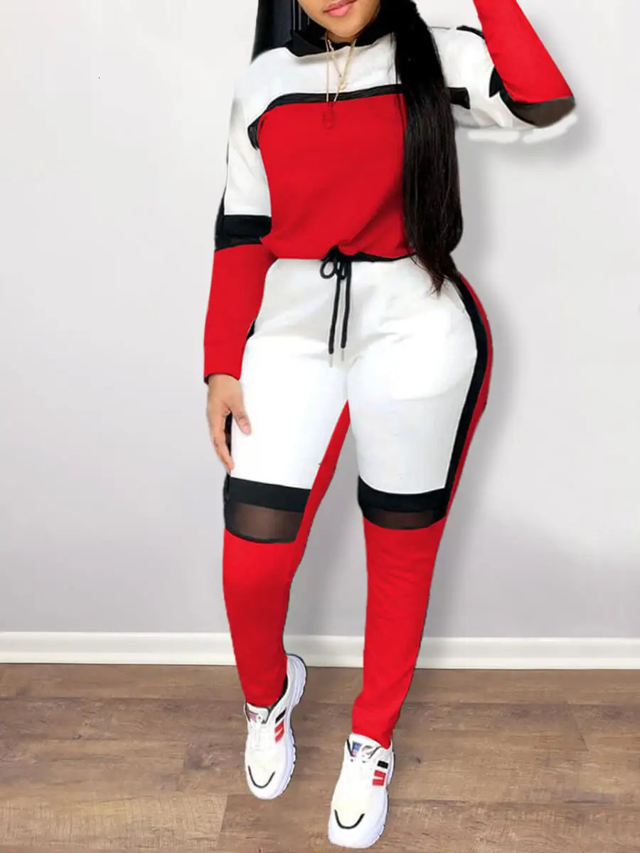 LW Plus Size Women Two Piece Color-lump Tracksuit Pants Set Patchwork Sporty Long Sleeve Conventional Collar Autumn Outfits 250717