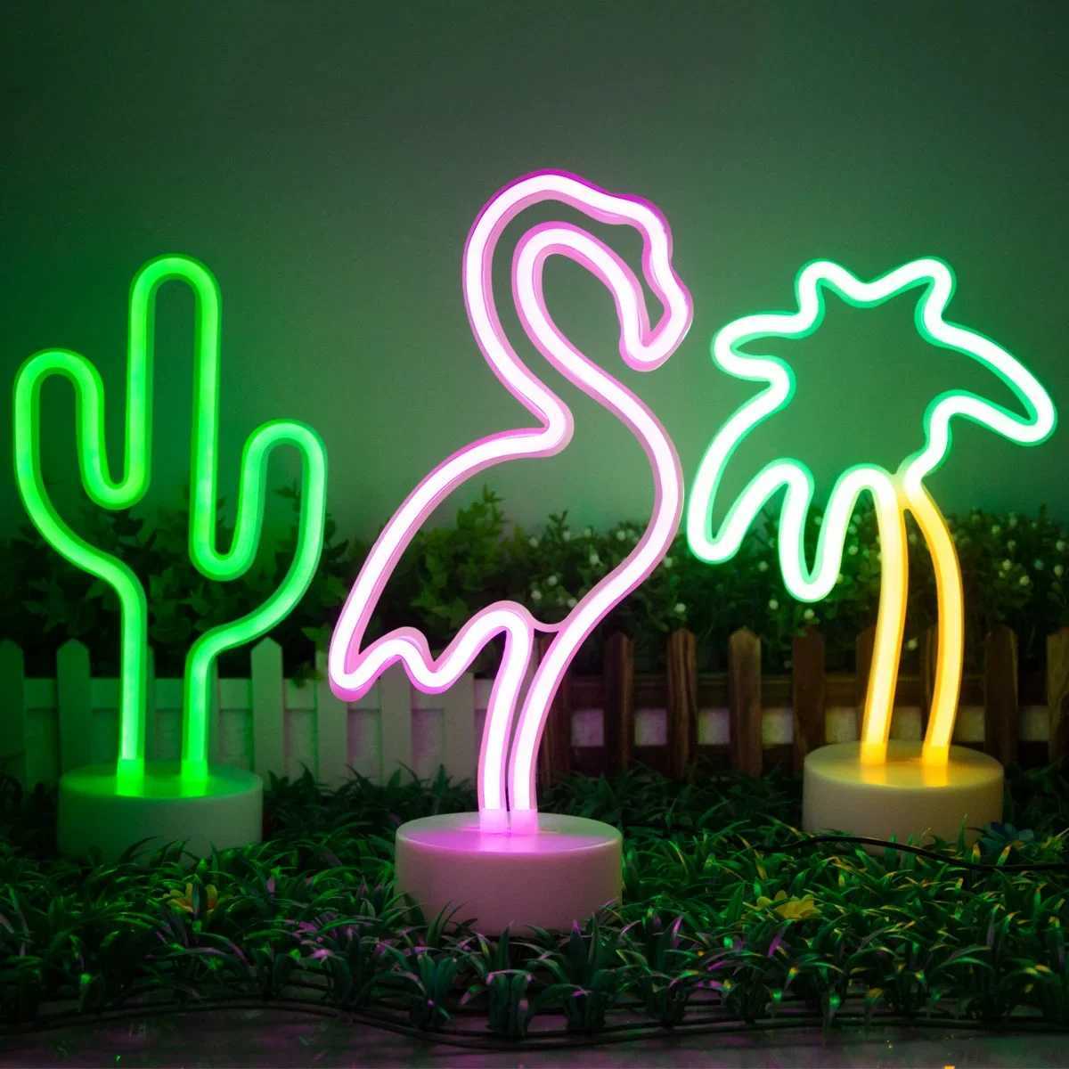 Battery/USB LED Neon Night Light Sign Flamingo Coconut Tree Cactus Table Lamp Kids Birthday Gifts Bedroom Christmas Art Decor XJ250725