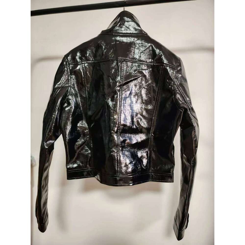 Trendy French Classic Emed PU Texture Shiny Leather Coat Moto Short Jacket Flip Collar Outerwear