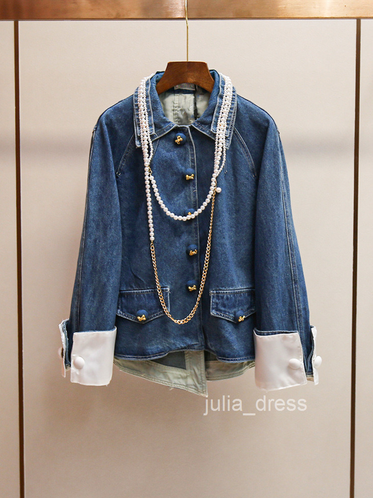 Womens Fashion Modern Pearl Chain Denim Jacket + Wide-Leg Pants + Skirt