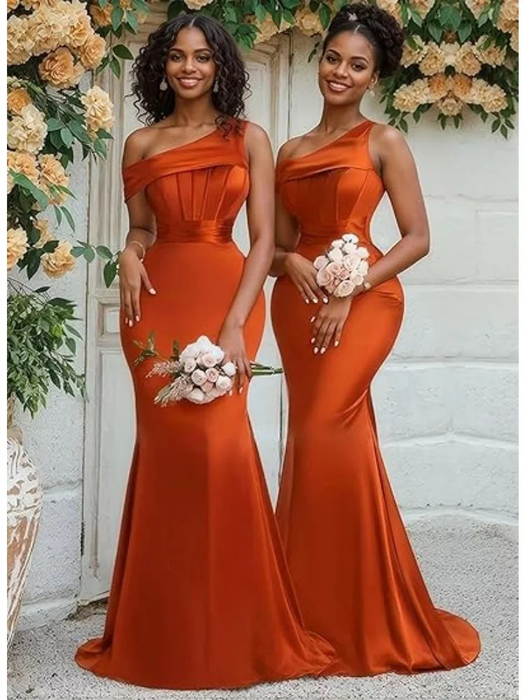 Mermaid One Shoulder Bridesmaid Dresses for Women Satin Long Corset Prom Formal Evening Gown 250725