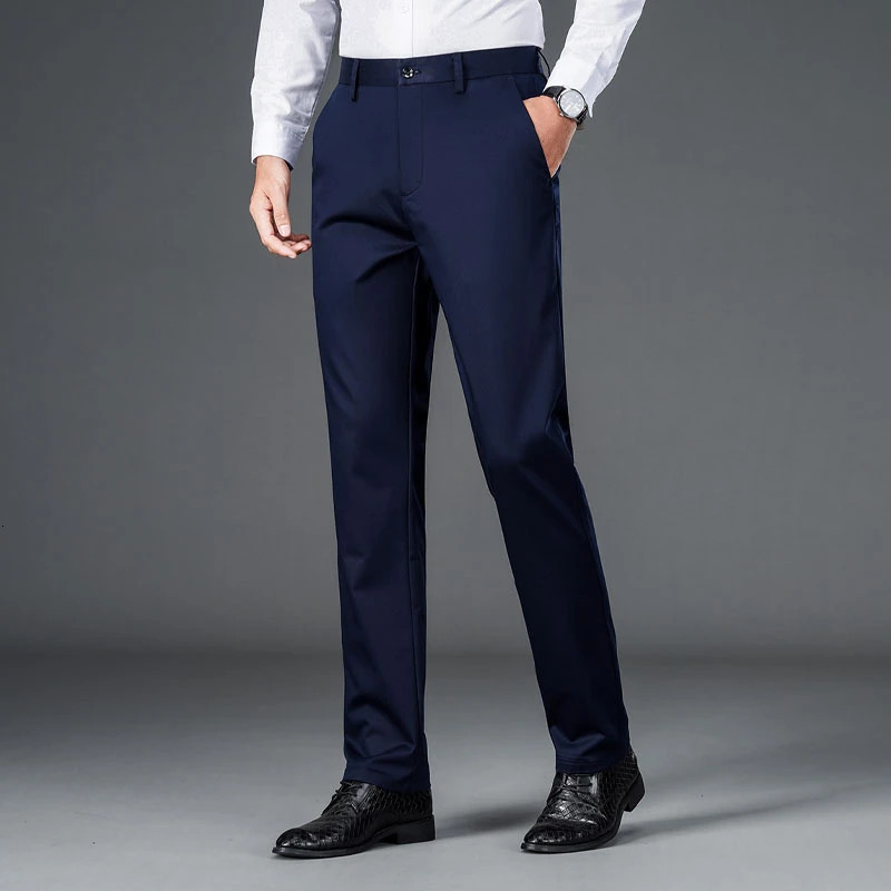 Mens lightweight business casual pants with micro elasticitymens quick drying straight leg office black deep bluepant y250724