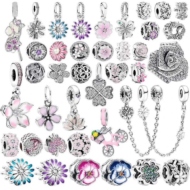 Purple Daisy Flower Cherry Blossom Dangle Lucky Flower Clip Charm Bead Fit Original 925 Silver Bracelet DIY Women Jewelry XJ250726
