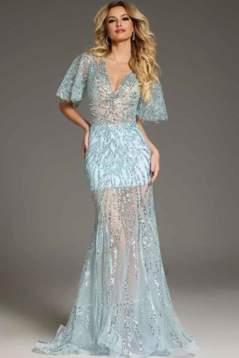 Blue Slim Evening Dress V Neck Short Sleeve Crystal Lace Sweep Train Dress Formal Occasion Women Long Gowns Customised