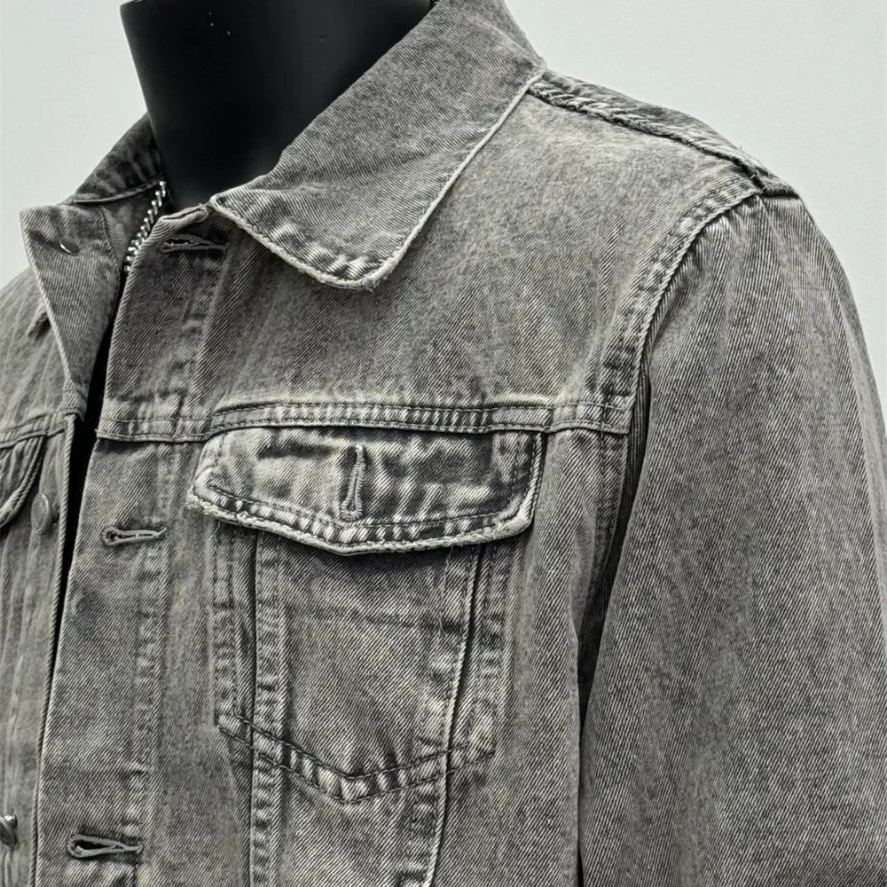 Autumn American Style Trendy Vintage Washing Distressed Denim Jacket Lapel Cropped Gray For Men Thin Regular Cut 250725