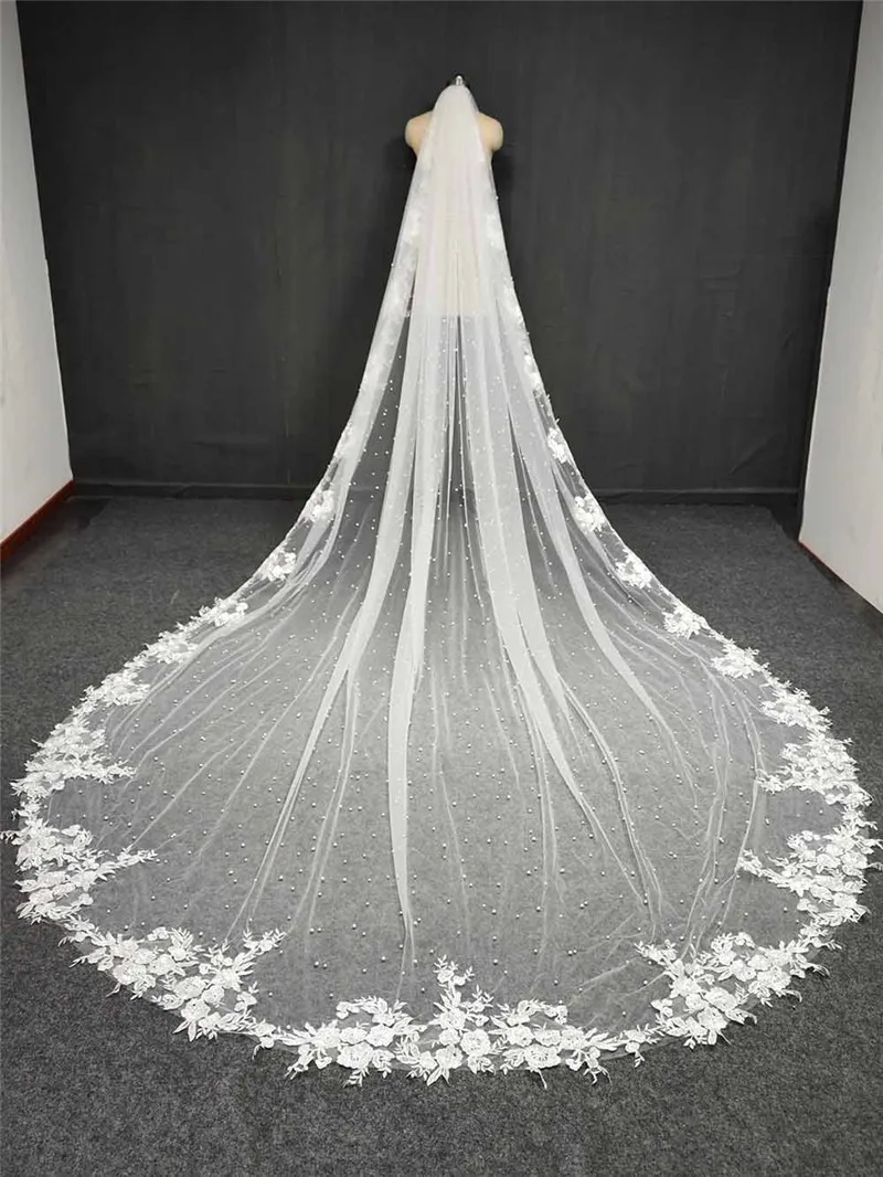 Customized 3M Wide Pearls Wedding Veil with Lace Appliques Cathedral Length Single Tier Bridal Veil Luxuary Pearl Wedding Accessories