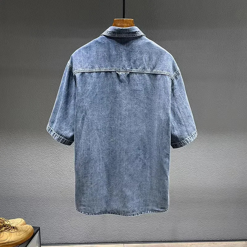 Summer Mens Denim Shortsleeved Shirt Retro Large Size Tooling Loose Casual Tops Allmatch 7XL 8XL 250725