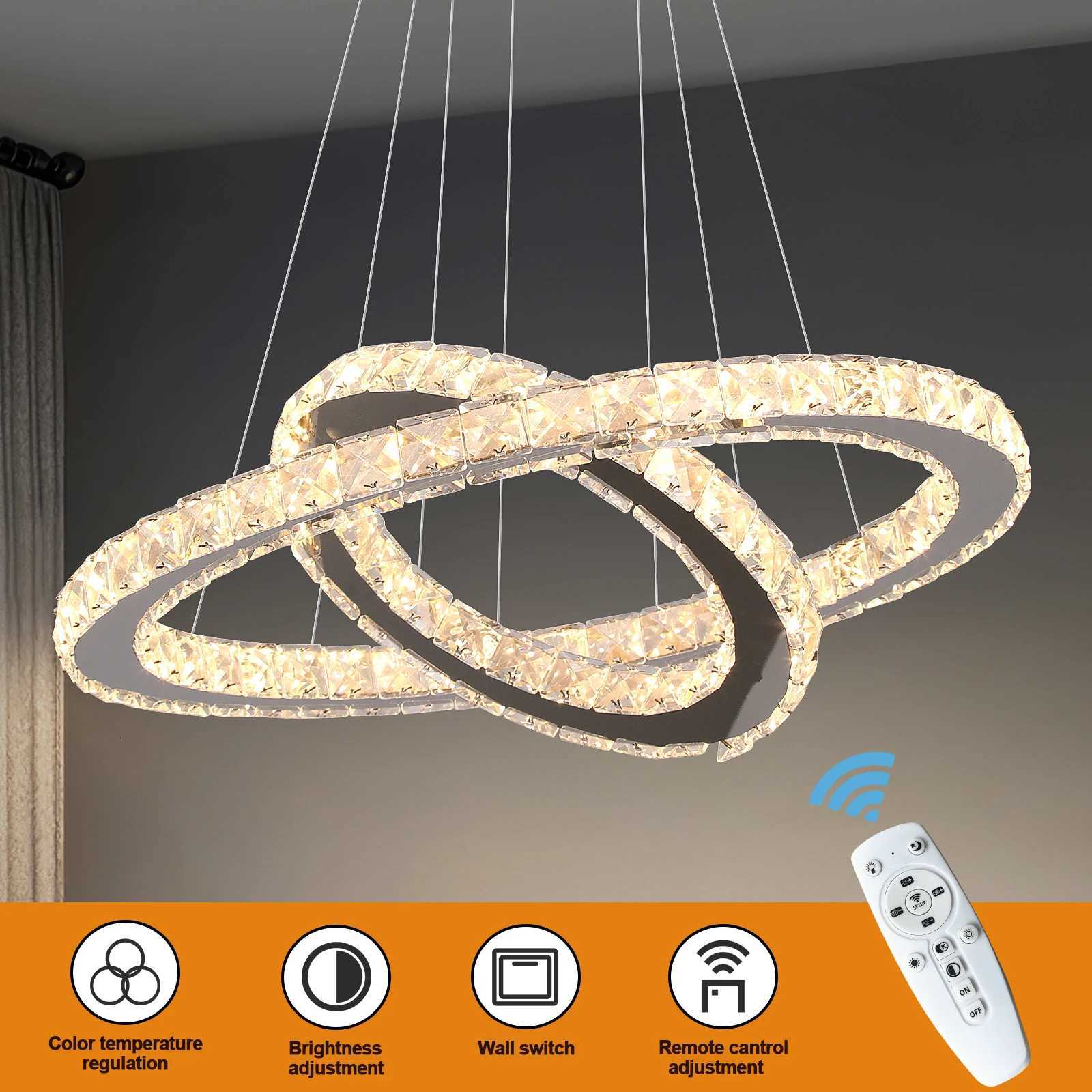Luxury Crystal Led Chandelier Lamp Home Luminaire Rings Adjustable Pendant Light Fixture With Remote Control Bedroom Living Room XJ250725