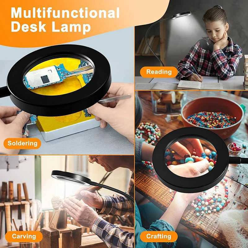 10X Magnifying Glass Desk Lamp with Metal Clamp 3 Color Modes Flexible Gooseneck Light for Bed Work Crafts DIY Repair XJ250725