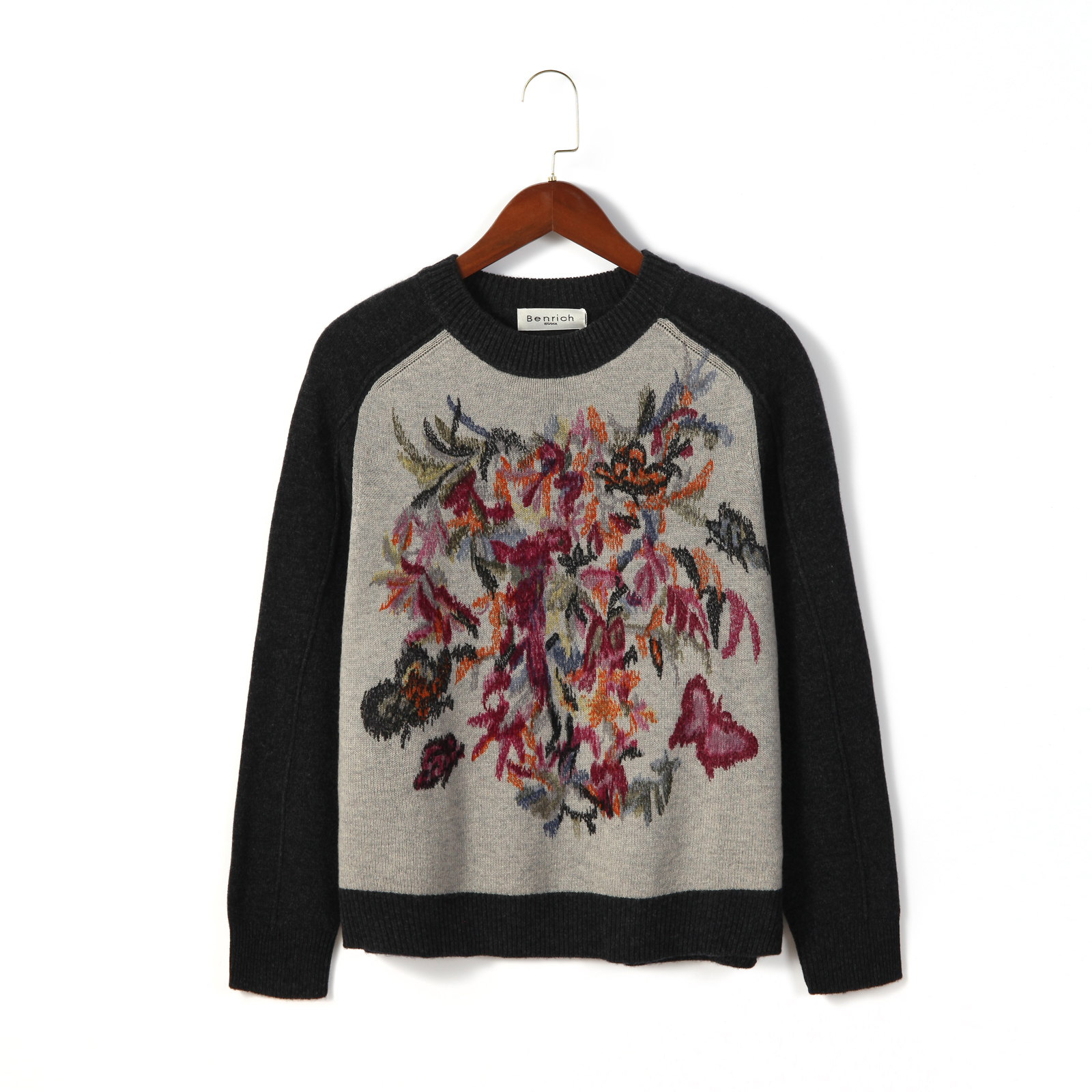 100% Cashmere Artistic Floral Jacquard Sweater Colorblocked Design Unique Top