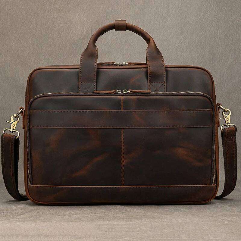 OLOEY Crazy Horse Genuine Leather Men Briefcase Vintage 16 inch Big Business Laptop Handbag Large Cowhide Messenger Shoulder Bag Man