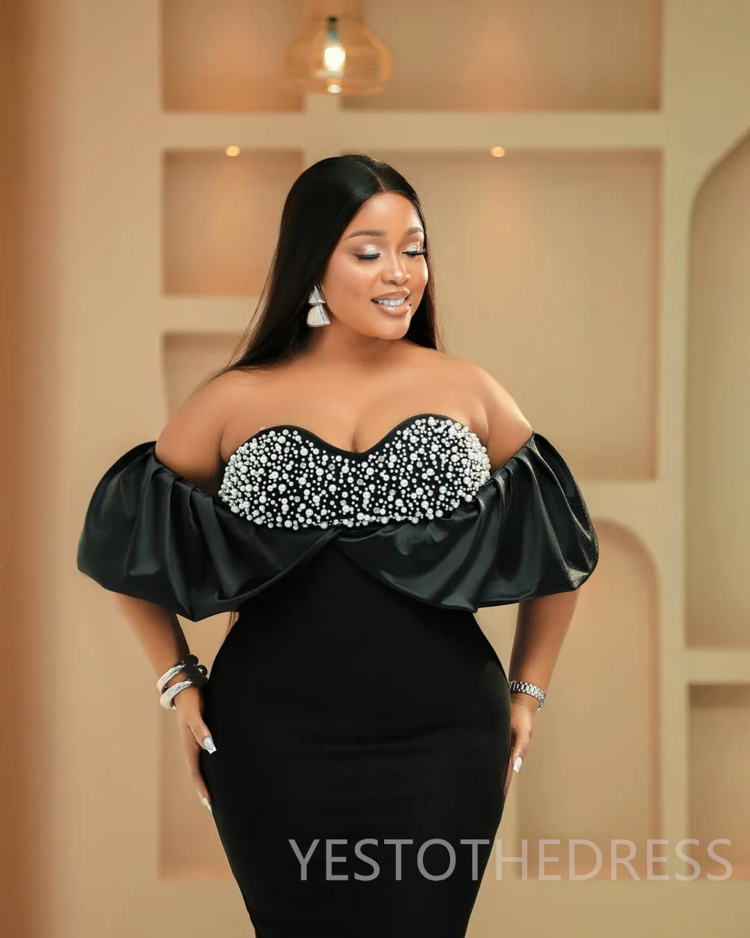 2025 Plus Size Black Prom Dress Evening Dresses Mermaid Formal Gowns For Black Women Velvet Off Shoulder Pearls Beaded Birthday Dress Second Reception