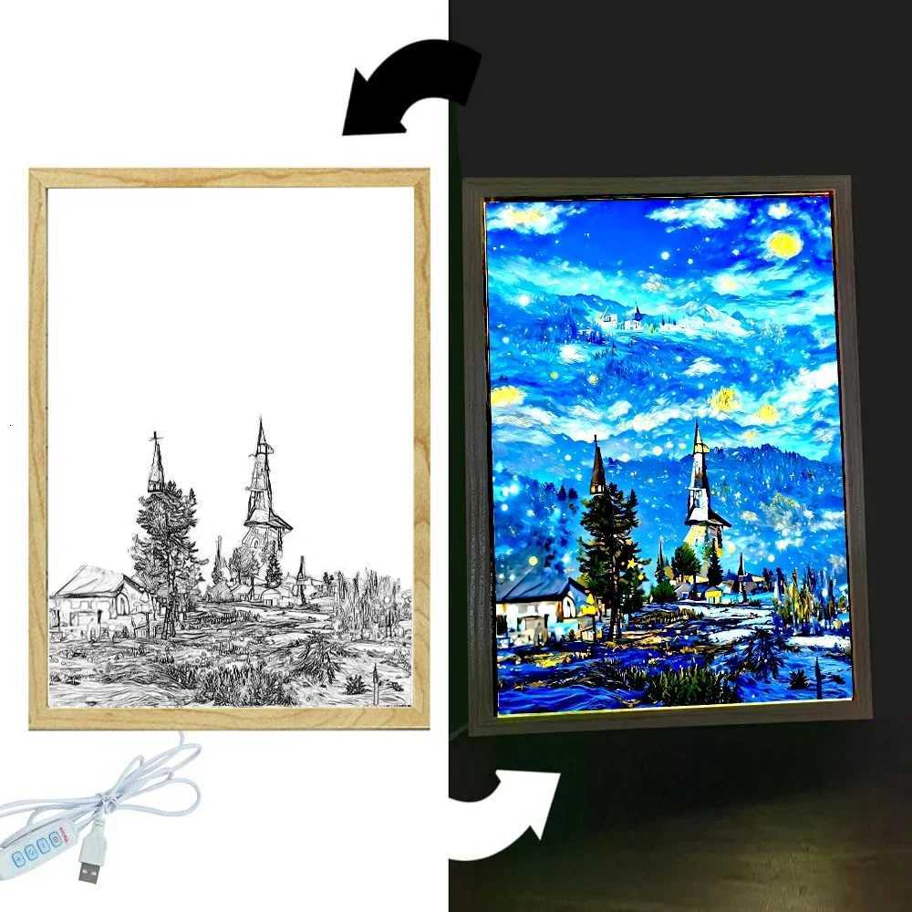 Light Painting Picture Frame Led Night Light Moon Lamp Van Gogh Starry Sky Wall Art Office Bedroom Home Room Decor Friend Gifts XJ250725