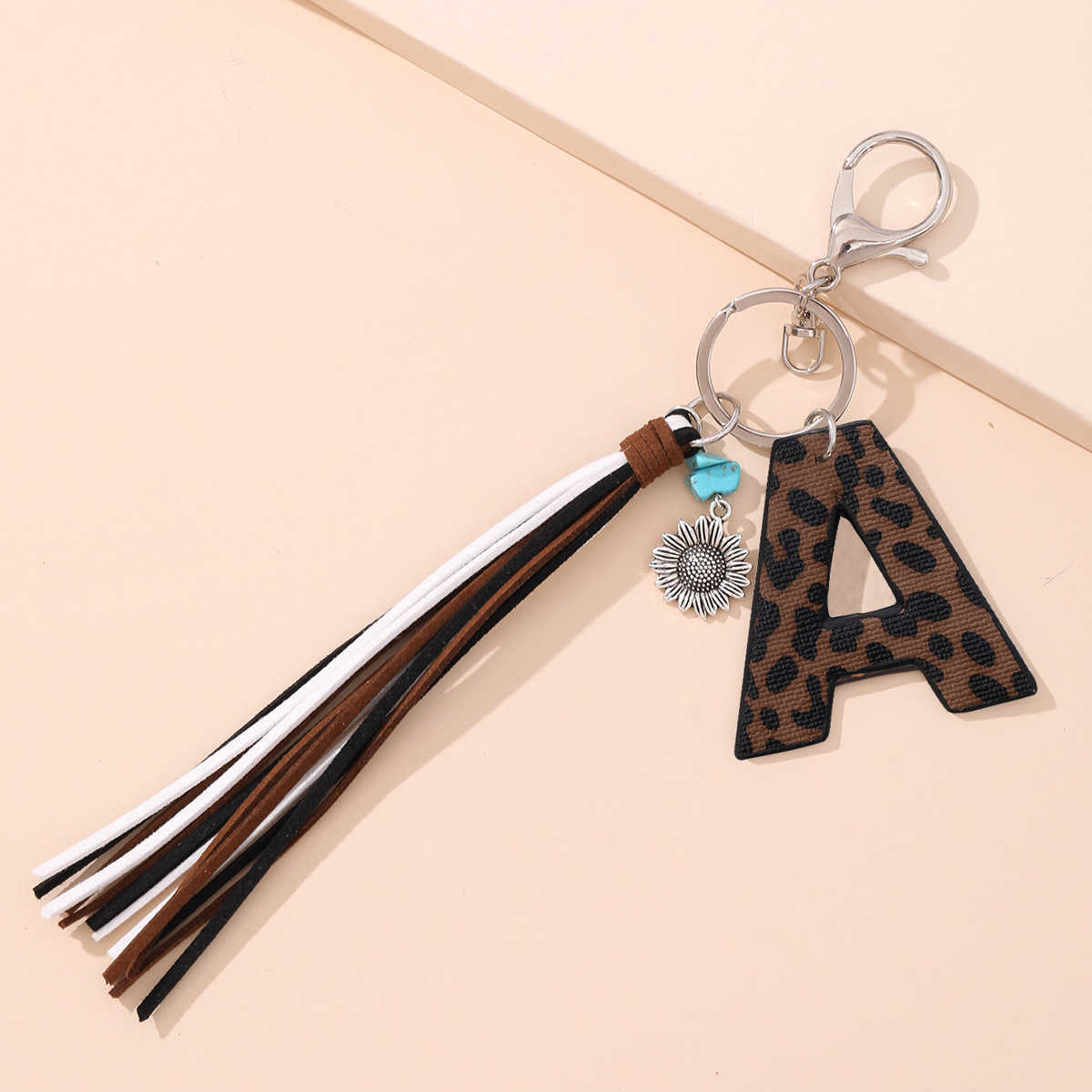 Western Cowboy Style Leopard Print Oil Edge Leather Letter a Korean Velvet Tassel Keychain Pendant Bag 250715