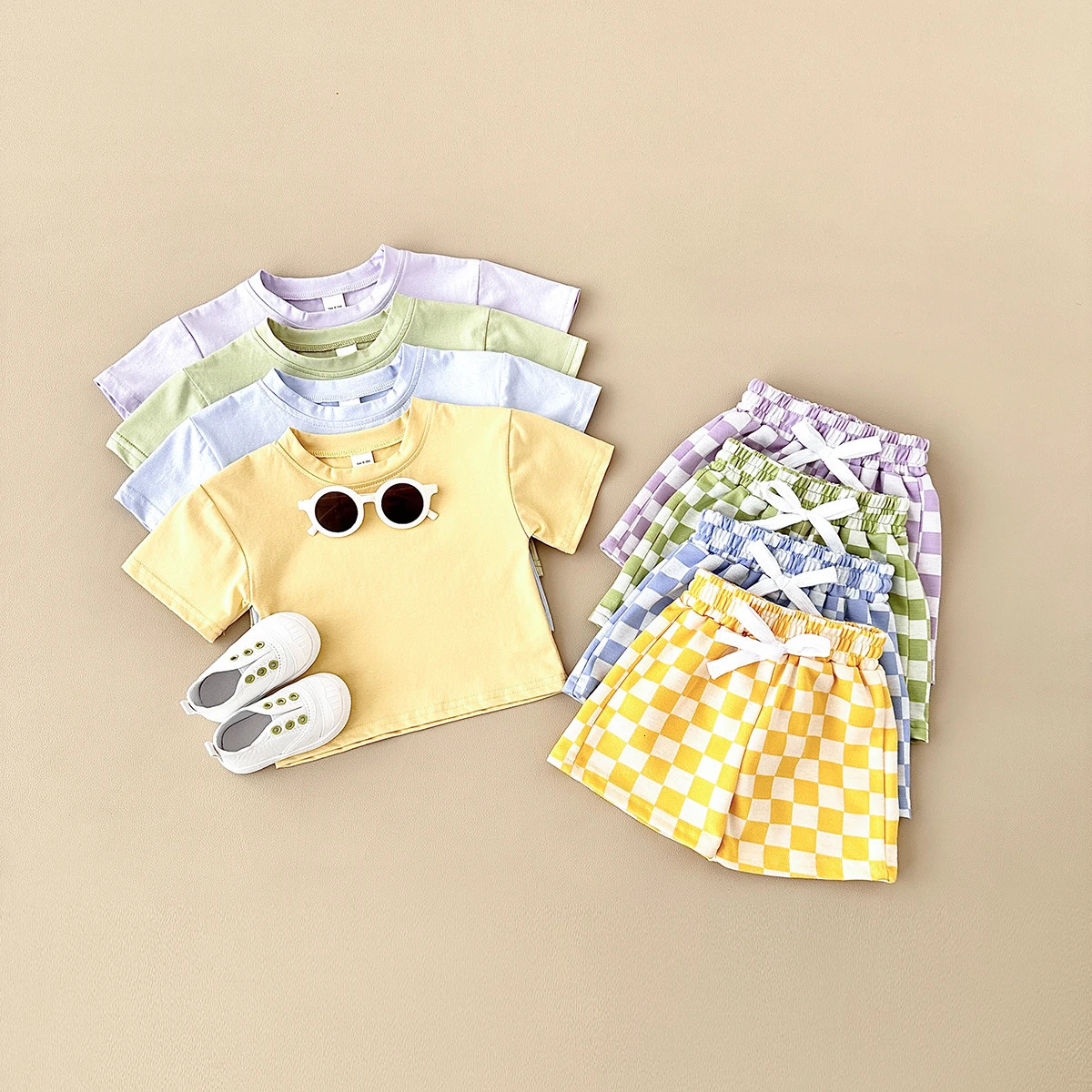 2Pcsset born Baby Infant Clothes Solid Color TshirtCheckerboard Shorts Boys Girls Casual Summer Outfit Set 250725