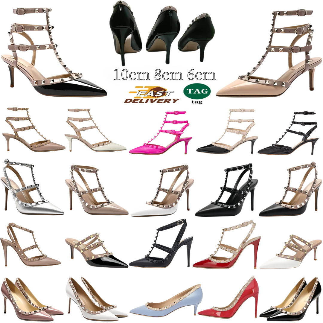 Designer Leather High Heels Shoes Summer Rivet Sandals Sexy Pumps Women Pointed Shoes Classics Nude Black Red Matte 6cm 8cm 10cm Thin Heel Women Wedding Shoes 35-44