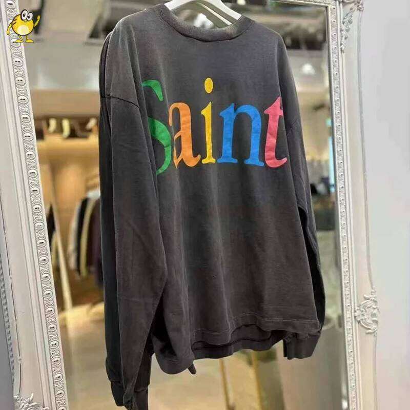 25SS New SAINT Long Sleeve T-shirt Men Woman Good Quality Washed Do Old Casual Vintage Letter Print Streetwear Hip Hop