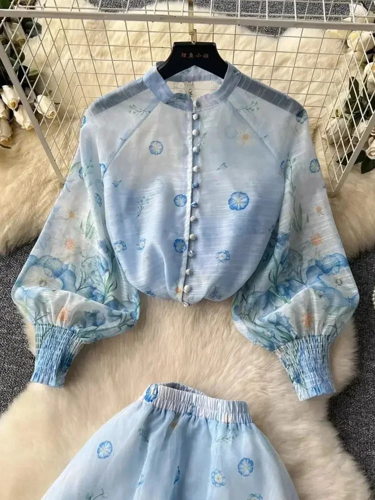 Summer Holiday Organza Gorgeous Flower 2 Piece Set Women Long Lantern Sleeve Shirt Blouse and Elastic Waist A Line Skirt Suit 250725