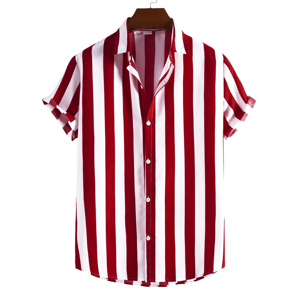 Summer Mens Shirts Striped Hawaiian Button Short Sleeve Plaid Red Top Beach Wear Black and White Shirt Clothing 250725
