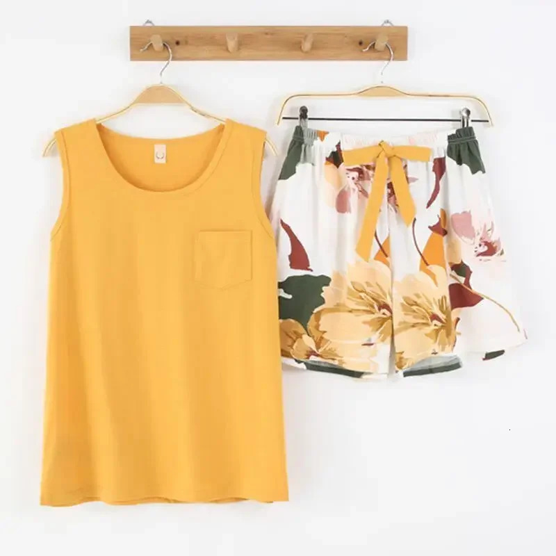 womens pajamas set summer Cotton solid color top print shorts sleepwear Korean kawaii home clothes pijama two piece 250717