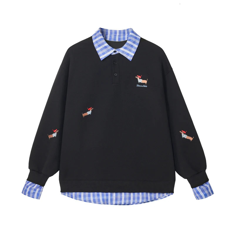 Plaid Patchwork Two Sweatshirt College Style Puppy Embroidery POLO Collar Sweatshirt Men Women Loose Pullover Tops 250725