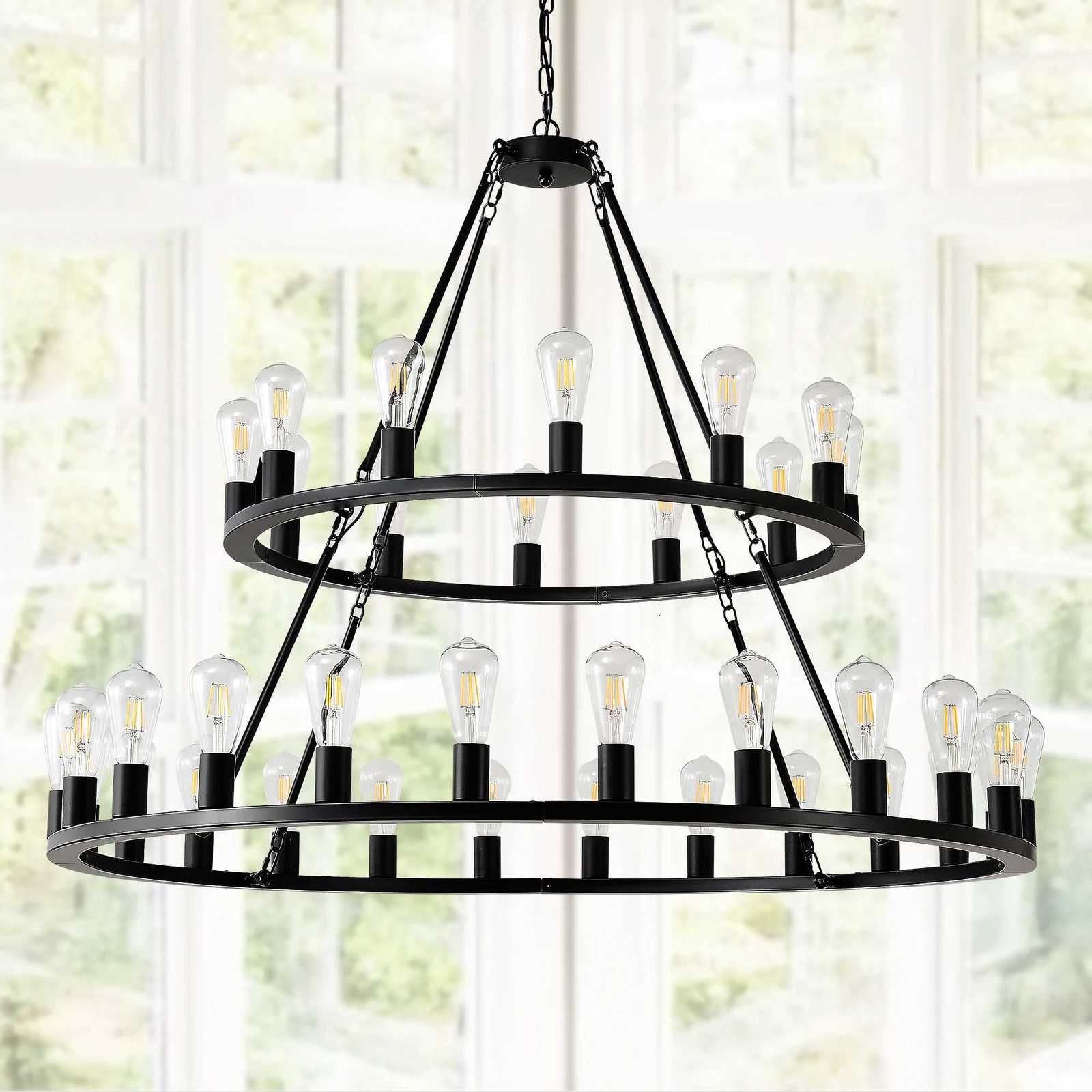 48 Inch Black Extra Large Wagon Wheel Chandelier 2 Tier 36-Lights (Not Included) Farmhouse Industrial Round High Ceiling Pendant Light XJ250725