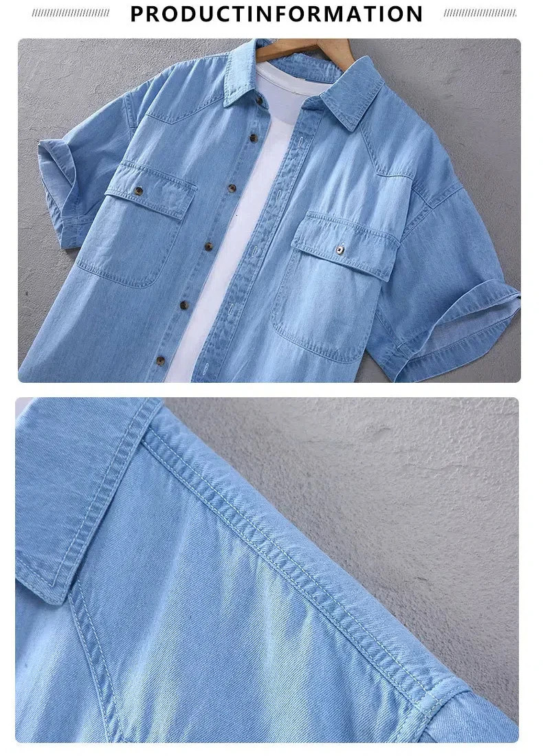 Summer Mens Short Sleeve Denim Shirt Retro Casual Workwear Square Collar Double Pockets Loose Jean Shirts Korean Clothes 250725