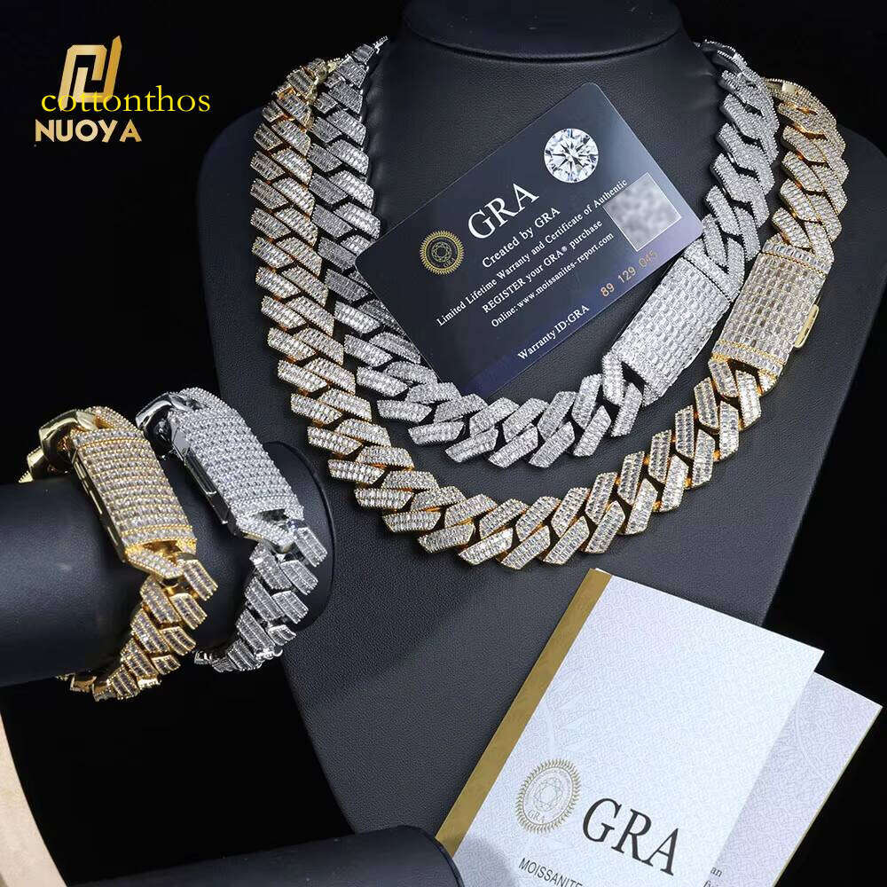 NUOYA Fine Jewelry 20mm Sterling Sier Chunky Cuban Link Chain Pass Dia Test Baguette VVS Moissanite Necklace Women