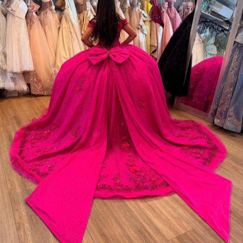 Rose Red Shiny Quinceanera Dresses Ball Gown Off The Shoulder Sequin Applique Flower Beads Bow Tull Party Birthday Sweet 16 Dress Vestidos 15 Anos