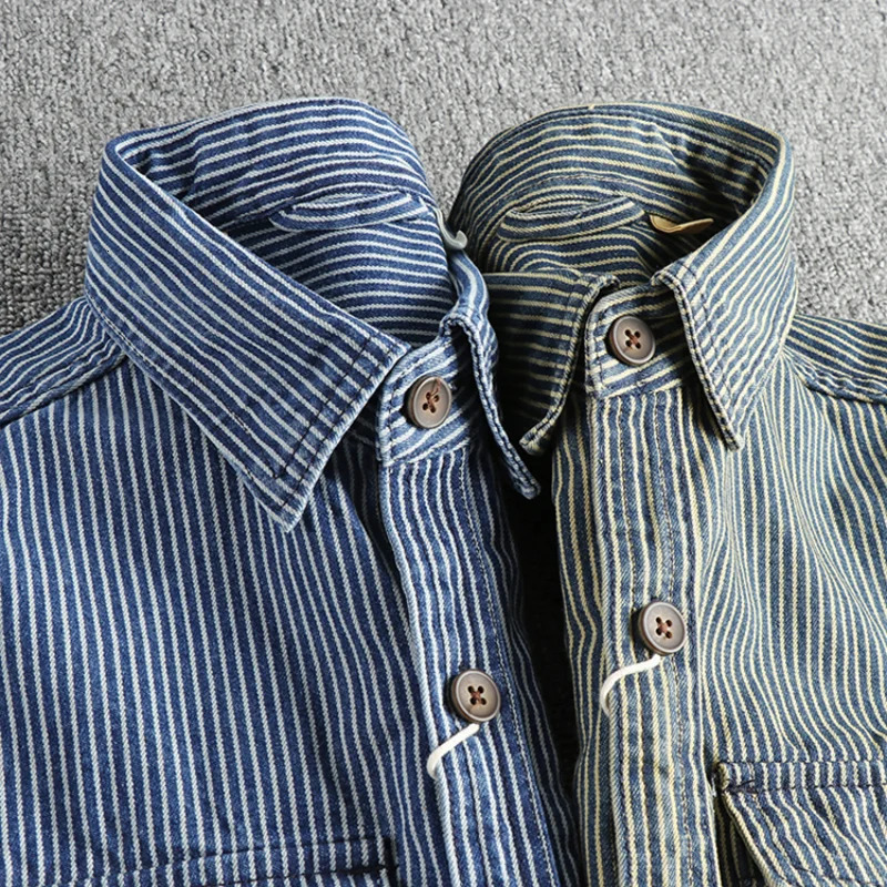 Yarndyed striped fabric washed to make old vintage cargo denim shirt for men European and American fashion casual coat 250725