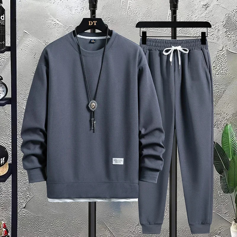 Summer Mens Waffle Sets Casual T-Shirt And Pants Set Male Sports Suit 2 Piece Set Solid Color Tracksuit Loose Suits Size 3XL 250725