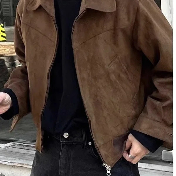 Retro Brown Suede Jacket Mens Spring Autumn Short Flight V-neck Casual Outerwear Vintage Style Male Fashion Coat 250725