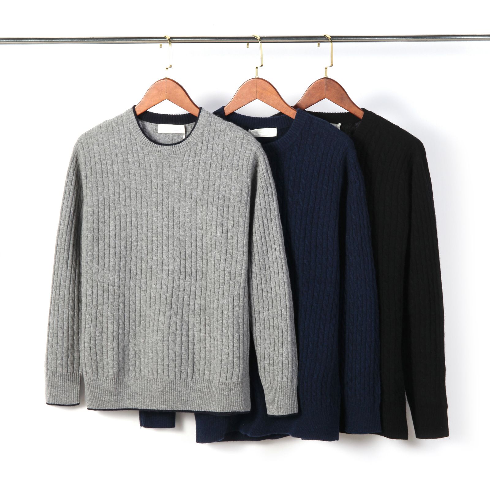 100% Cashmere Crew Neck Sweater Pit Stripe Texture Autumn and Winter Warm Knit Sweater