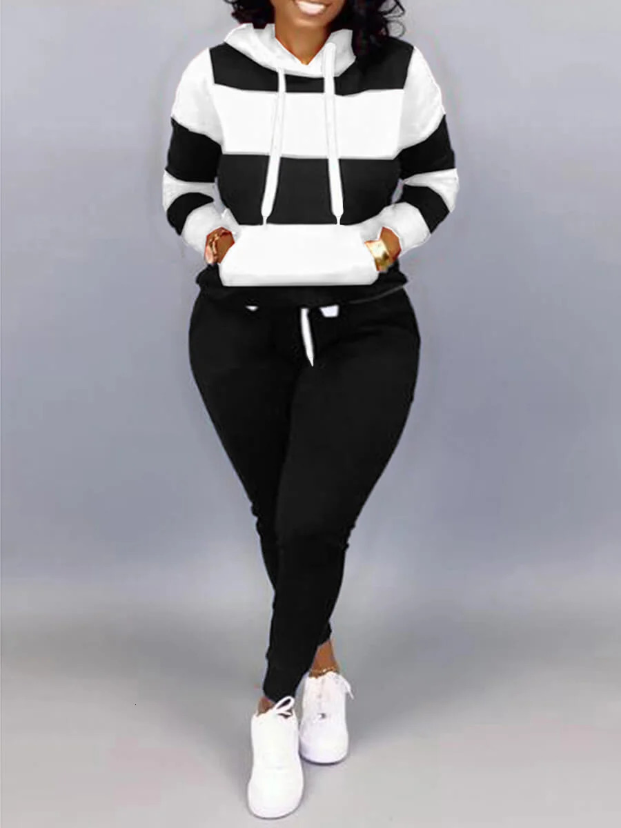 LW Plus Size Striped Drawstring Tracksuit Set Autumn Women Hoodie Pants Set Striped Printed Hooded Long Sleeve Warm Sweatshirts 250717