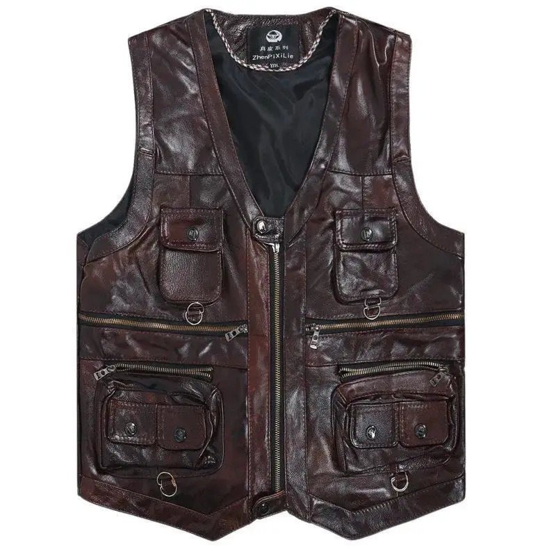 2025 Cowhide Genuine Leather Vest Men Waistcoat Male Sleeveless Jacket Thick Motorcycle Multi Pocket leather biker vest 250725
