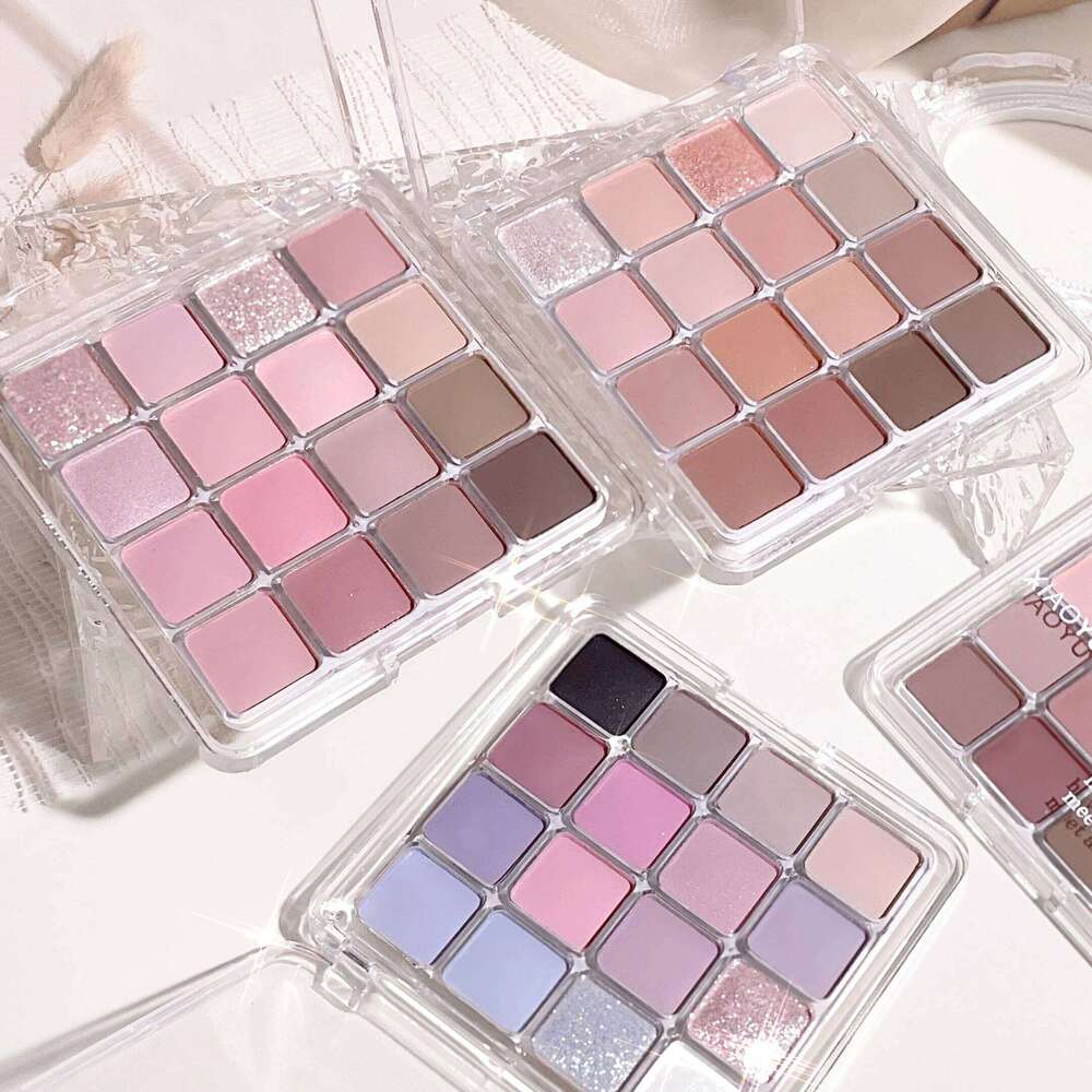 16-color Korean palette - matte, shiny and berry tones, nude pink brown, vibrant high-gloss eyeshadow with sequins