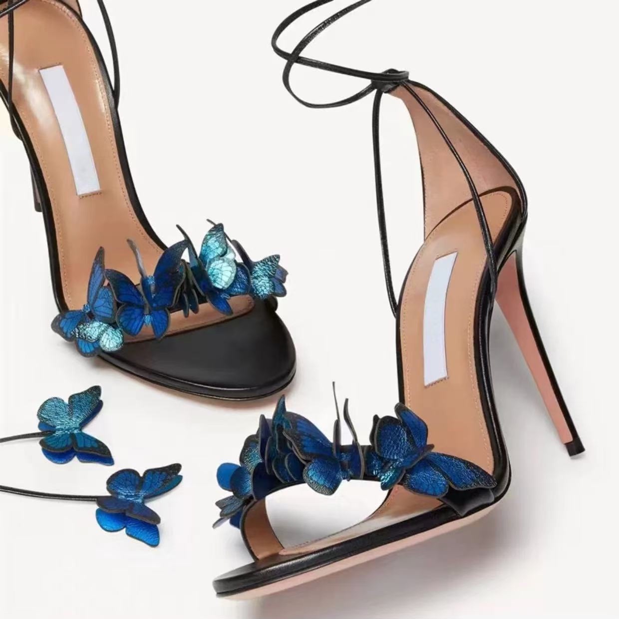 High Heel Stiletto Sandals for Women Genuine Leather Cross Strap Floral Design Elegant Summer Shoes Plus Size 34 to 42